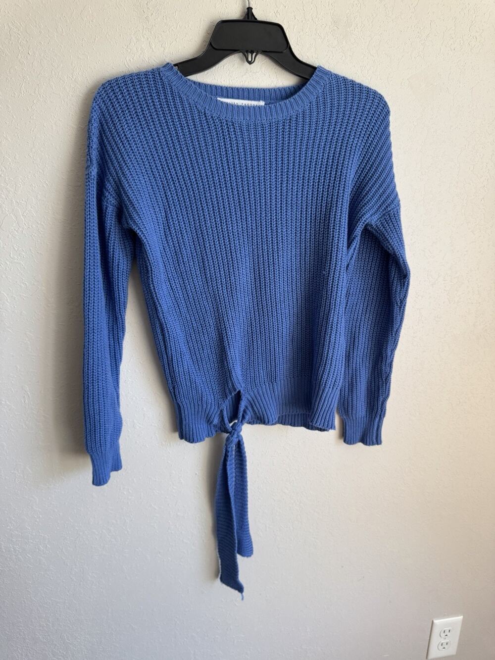 English Factory Blue Chunky Knit Crew Neck Sweater Womens XS Tied Waist Coquette